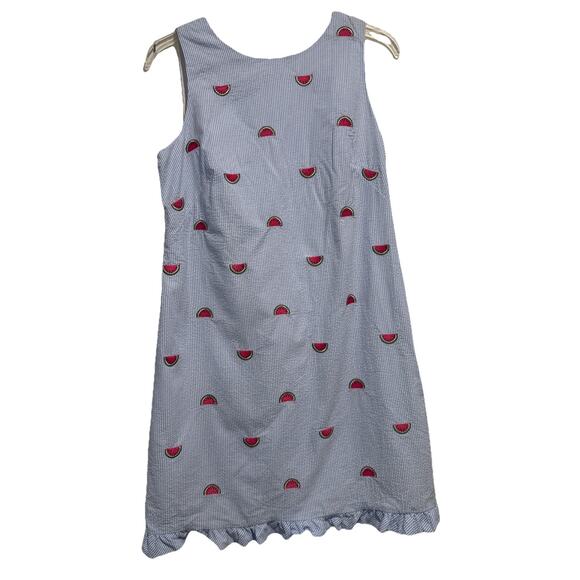 Talbots Seersucker Shift Dress Blue/White Watermelon Embroidery Size 6P - Picture 1 of 7